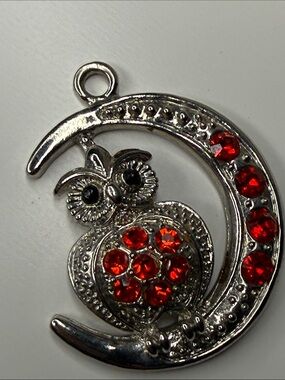 Silver Owl Pendant with Red rhinestones charm large statement